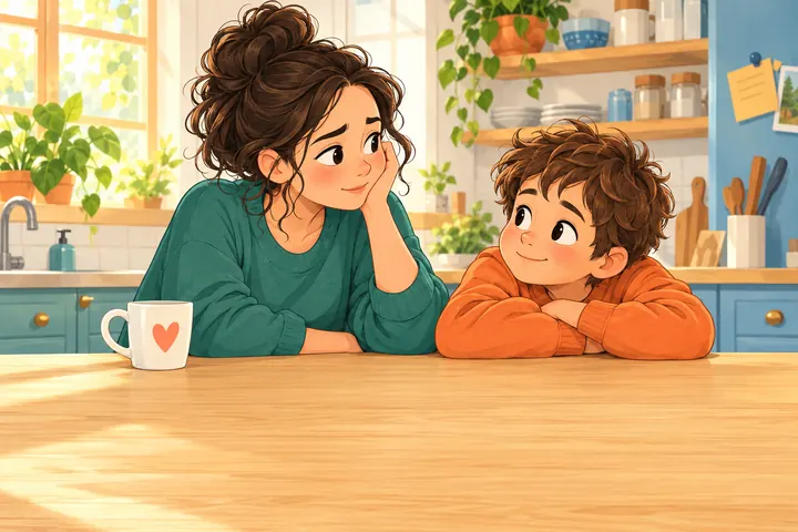 אמא וילד ליד שולחן המטבח